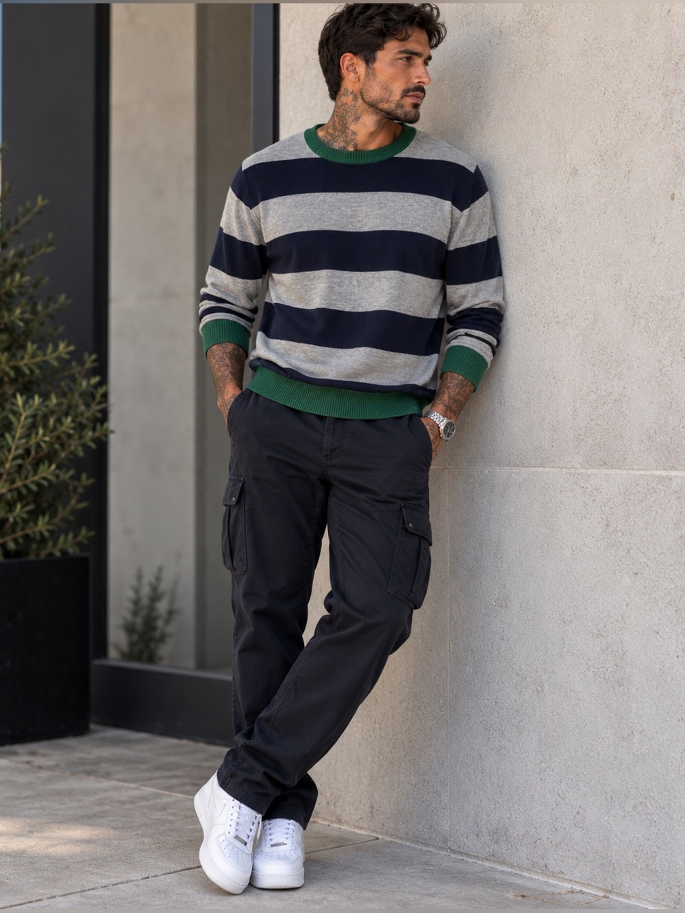 Chain Stitch Men’s Striped Crewneck Sweater Gray Navy Green Size Large NWT